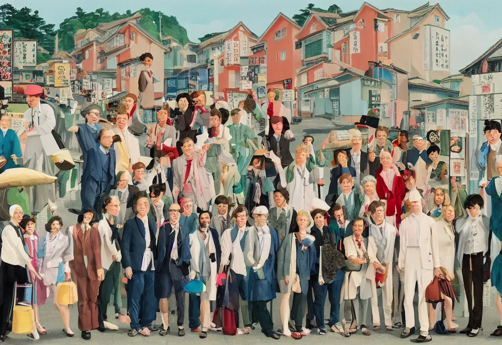 Prompt: full body portrait of a group, a row of a several european tourists getting off a tour bus, standing with a variety of poses and props, several character designs, sightseeing in rural japan, a detailed painting, in the style of wes anderson, lola dupre, david hockney, isolated on negative white space background dark monochrome neon spraypaint accents volumetric octane render