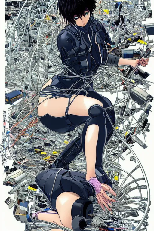 Image similar to motoko kusanagi kneeling on a white in style of masamune shirow, empty floor, with a mess of wires and cables coming out of her head and backside, by Yukito Kishiro and katsuhiro otomo, illustration, cyberpunk, hyper-detailed, colorful, complex, intricate, masterpiece, epic