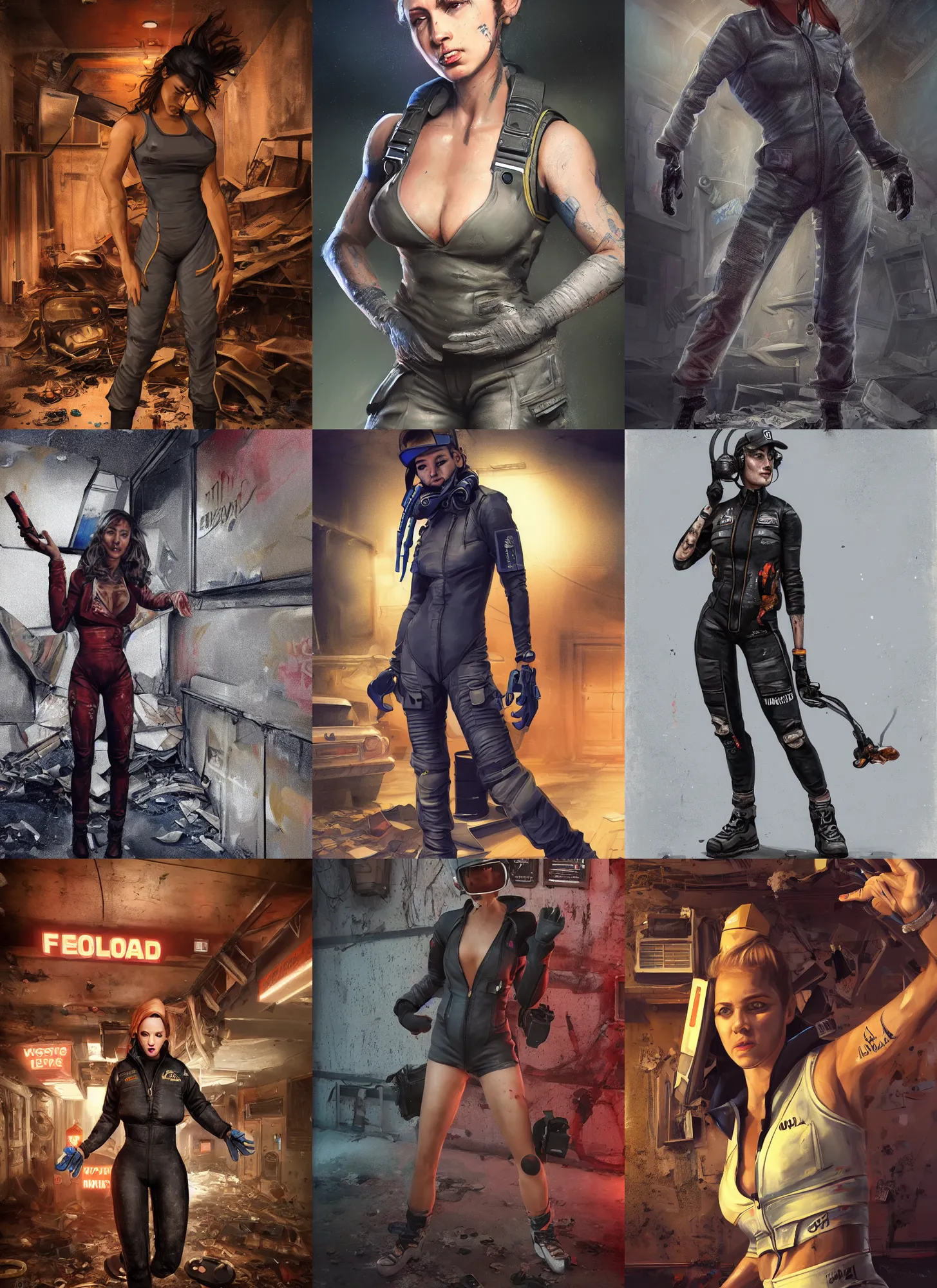 Prompt: hyper detailed ultra sharp full body matte character portrait of a woman wearing a flight suit standing in a destroyed dive bar doing an action pose, realistically proportioned face, photorealistic eyes, cinematic lighting, good value control, smooth, realistic shading, realistic face details, smooth, highly detailed, digital painting, painted texture maps, illustration, substance painter