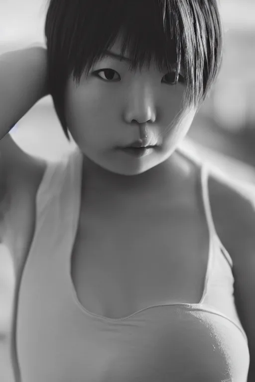 Image similar to beautiful gorgeous curvy Japanese edgy model girl with short hair, she's sad, sunset, 80mm lens, 1.2 aperture, grainy image, close up