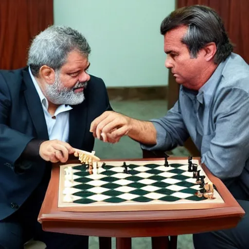 Prompt: photo of luis inacio lula da silva and jair messias bolsonaro playng chess, detailed 4 k