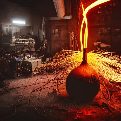 Image similar to oversized egg beater, tangles of metallic cables, dark messy smoke - filled cluttered workshop, dark, dramatic lighting, orange tint, sparks, plasma charges, cinematic, highly detailed, sci - fi, futuristic, movie still