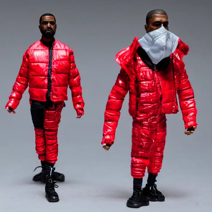 Image similar to a action figure of kanye west using full face - covering black mask with small holes. a small, tight, undersized reflective bright red round puffer jacket made of nylon. a shirt underneath. red nylon reflective pants. a pair of red shoes, figurine, detailed product photo, 4 k, realistic, acton figure, studio lighting, professional photo