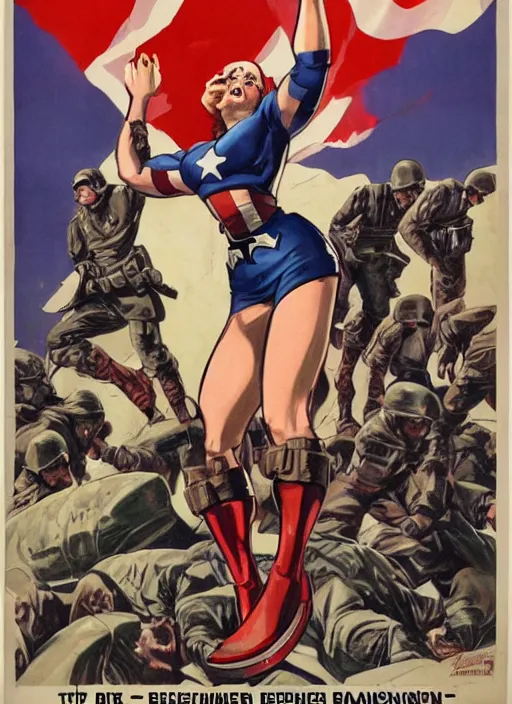 Image similar to beautiful female captain america standing on a pile of defeated, beaten and broken german soldiers. feminist captain america wins wwii. american wwii propaganda poster by james gurney. gorgeous face. overwatch. ralph bakshi