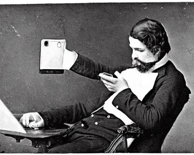 Image similar to 1 8 0 0 s photo of the king checking his twitter feed on his cellphone