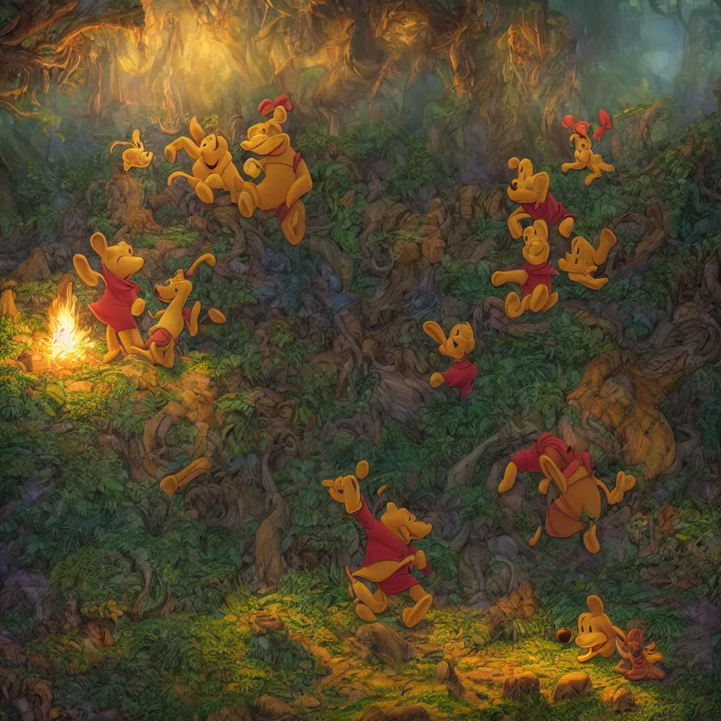 Image similar to epic finale scene of winnie the pooh being betrayed by goofy and donald duck, intricate, epic, elegant, menacing, fantasy, highly detailed, digital painting, hard focus, beautiful volumetric lighting, epic light, ultra detailed, by Leesha Hannigan, Ross Tran, Thierry Doizon, Kai Carpenter, Ignacio Fernández Ríos