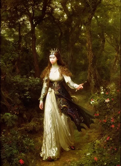 Image similar to woman in dark princess dragon armor, walking on the mystical garden, portrait. by william henry hunt