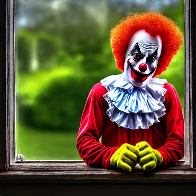 Image similar to looking at a scary clown in the garden from the window, highly detailed, 8 k, hdr, smooth, sharp focus, high resolution, award - winning photo