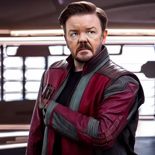 Image similar to ricky gervais as star lord, movie still, photorealistic, 8 k