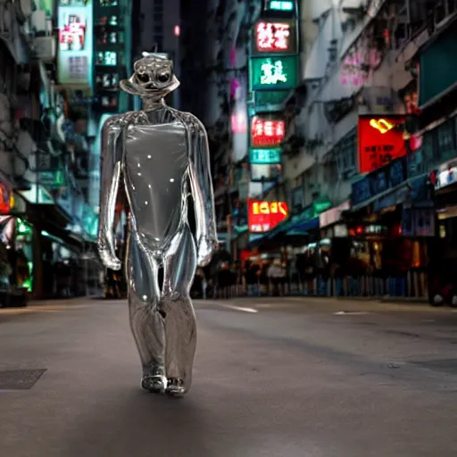 Image similar to a t - 1 0 0 0 cat made of liquid metal walking in the streets of hong kong and hugging a man, volumetric lighting, sharp focus, ultra detailed, cgsociety - w 1 0 2 4 - n 8 - i