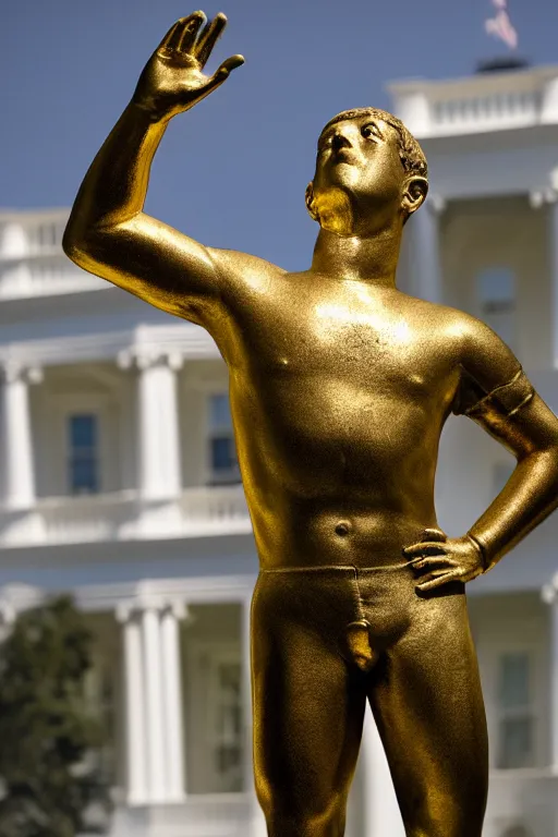 Prompt: A beautiful gold stone statue of Mark Zuckerberg in front of White House, photo by Steve McCurry, heroic pose, detailed, smooth, smiling, professional photographer