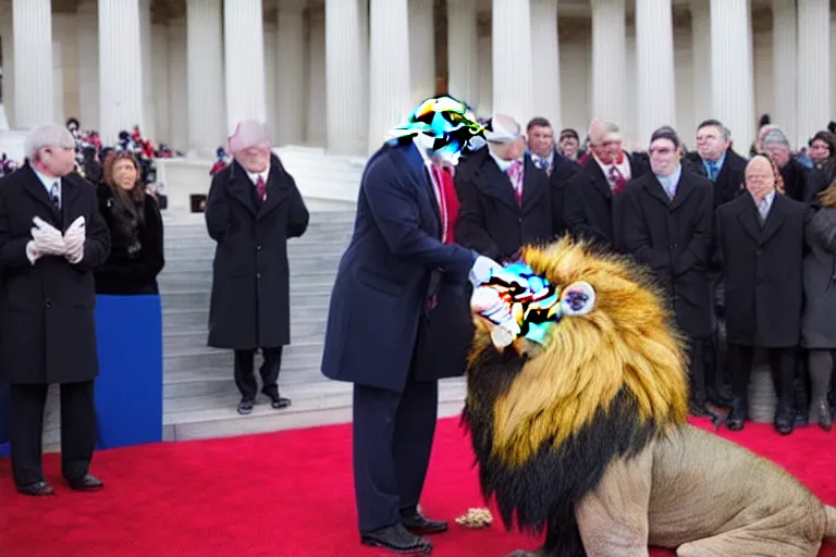 Image similar to photo of the usa presidential inauguration, a lion fursuiter being inaugurated as president