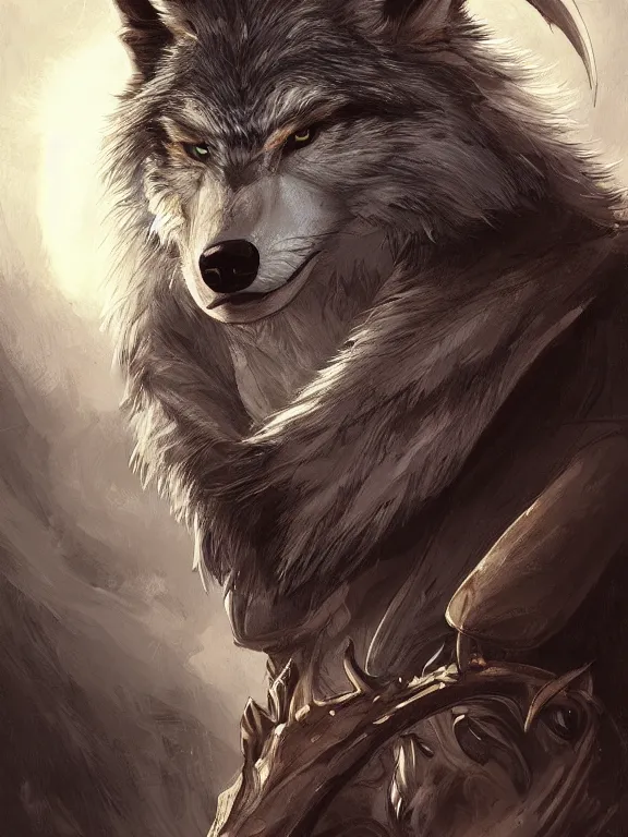 Image similar to 3/4 headshot of cute anthro wolf man, D&D, handsome, fantasy, intricate, long muzzle, wolf ears, fursona, black fur, elegant, highly detailed, digital painting, artstation, concept art, smooth, sharp focus, illustration, art by artgerm and greg rutkowski and alphonse mucha