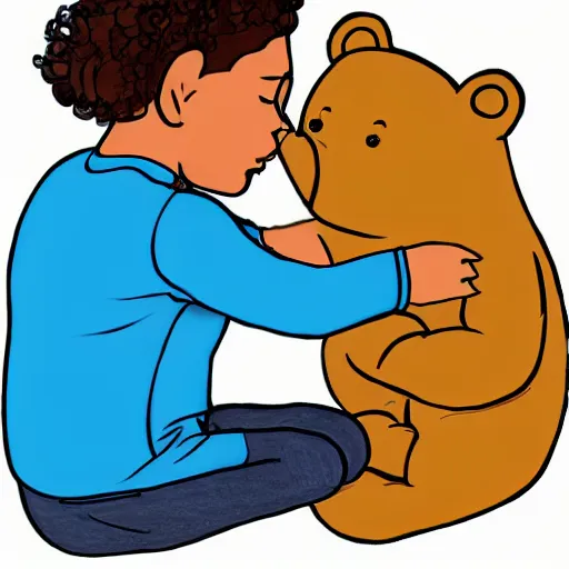 Image similar to drawing of a bear playing with a baby human doll. digital art. high quality. high fidelity