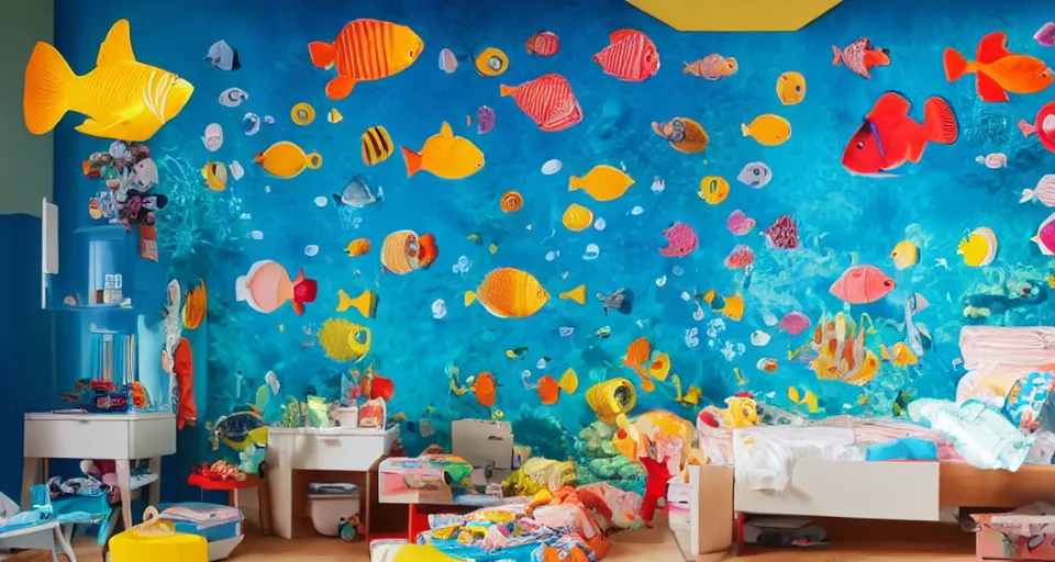 Image similar to IKEA catalogue photo of an underwater childrens bedroom, coral reef, fish, sharks, clown fish, angel fish, dappled light, sun rays