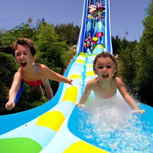 Prompt: kids coming down a waterslide in the style of pixar