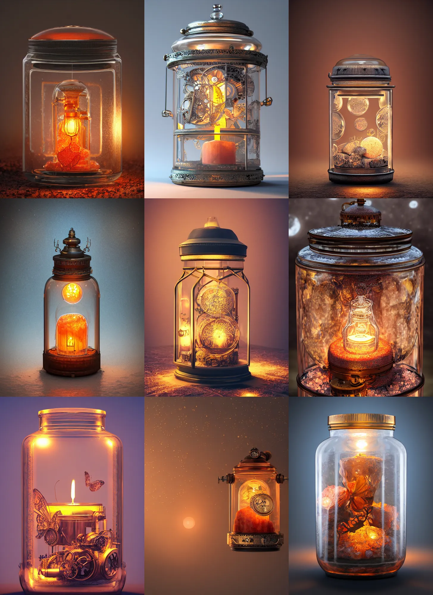 Prompt: steampunk himalayan rocksalt lamp inside a glass jar, intricate detail, hyper detailed, ultra realistic, sharp focus, octane render, lantern candle, butterfly, volumetric, ray tracing, artstation trending, moon, fairy cgsociety, sense of awe, swirling mist, 4 k