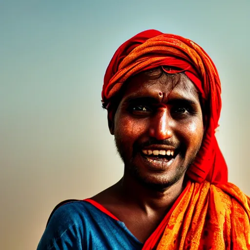 Prompt: a dramatic photograph of worker from india, beautiful smile, cinematic lighting