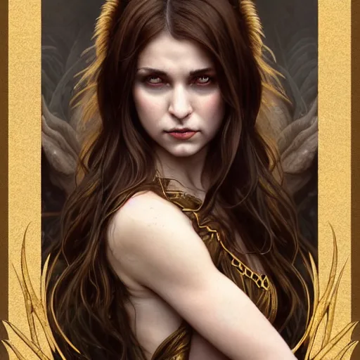 Image similar to brown haired demoness medium portrait, gentle, female, city landscape, norway, d & d, fantasy, intricate, elegant, highly detailed, digital painting, brown and gold color palette, artstation, octane render, concept art, matte, sharp focus, illustration, herrarthstone, art by artgerm and greg rutkowski and alphonse mucha