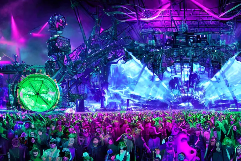 Prompt: an outdoor festival stage with audience, big 3 d letters tripmachine, center of the stage is a big futuristic steampunk machine with gears and belts and tubes, surrounded by big screens and loudspeakers, rock musicians on the stage, laser show, 8 k, fluorescent colors, halluzinogenic, multicolored, exaggerated detailed, unreal engine