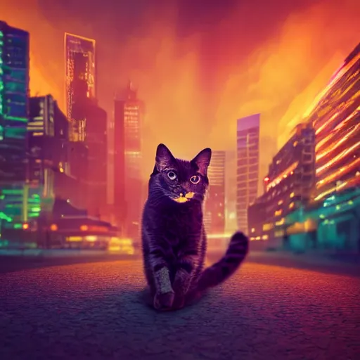 Image similar to professional photograph of a cat in a neon dystopian city, high quality, highly detailed, HD, 8K