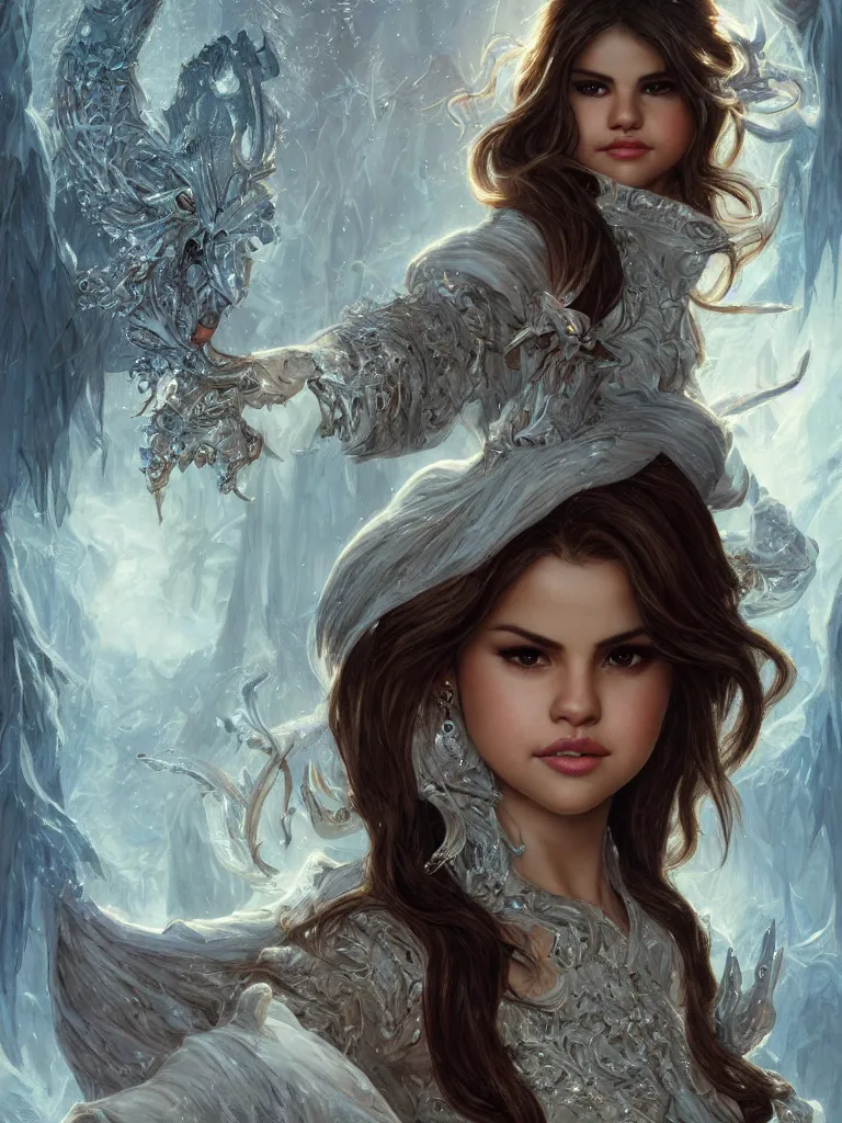 Image similar to Selena Gomez casting an frost spell, D&D, fantasy, intricate, elegant, highly detailed, digital painting, artstation, concept art, matte, sharp focus, illustration, hearthstone, art by Artgerm and Greg Rutkowski and Alphonse Mucha