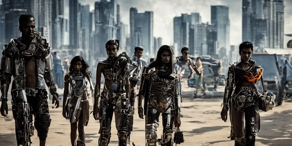 Image similar to sri lankan futuristic cyberpunk gang, film still, epic shot cinematography, rule of thirds, sci - fi tech style