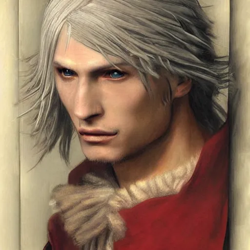 Image similar to a striking hyper real painting of dante from devil may cry by da Vinci, pale blond curly hair