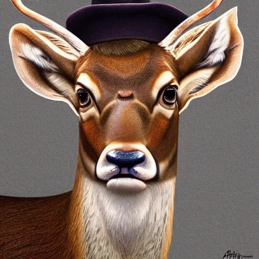 Image similar to a upper body portrait of a deer in a pinstriped suit and pants wearing a fedora with the antlers sticking out of the fedora by artgerm and wlop, intricate detail, digital art, photorealistic, trending on artstation