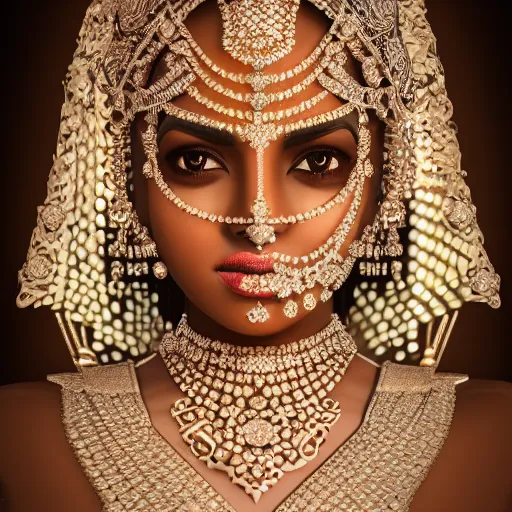 Image similar to portrait of wonderful hindi princess of diamond with dark skin, ornate with diamonds, 8 k, gorgeous, intricate, detailed, glowing white accent lighting, dramatic lighting, octane render