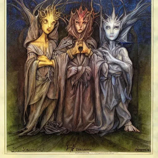 Prompt: brian froud - three headed man fantasy illustration