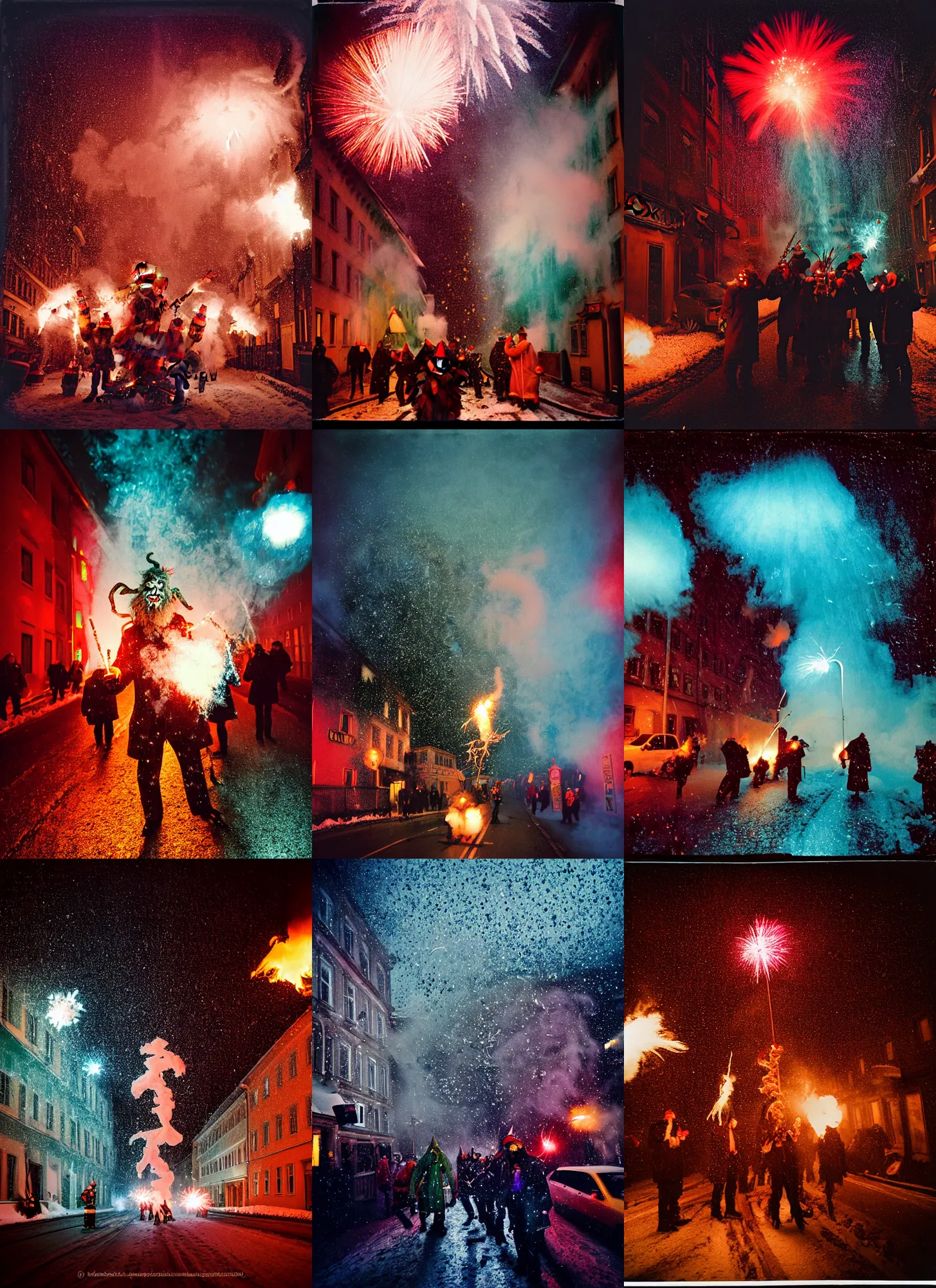 Image similar to kodak portra 4 0 0, wetplate, winter, snowflakes, rainbow coloured rockets, chaos, glitter tornados, award winning dynamic photo of a bunch of hazardous krampus between exploding fire barrels by robert capas, motion blur, in a narrow lane in salzburg at night with colourful pyro fireworks and torches, teal lights