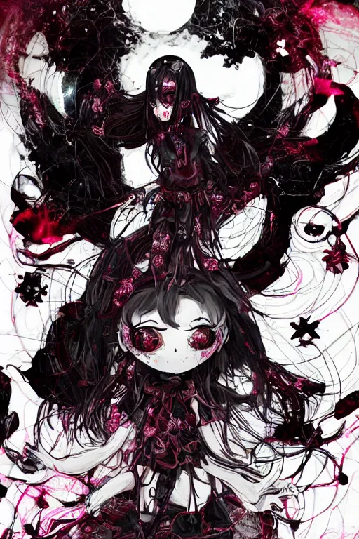 Prompt: glitchcore yokai girl, shadowverse character concept, found footage horror, glitter gif | Fatalistic (Bleak, Gloomy) | The red dump has nothing but bleak black industrial music to accompany it. | spiked korean bloodmoon sigil stars draincore, gothic demon hellfire hexed witchcore aesthetic, dark vhs gothic hearts, neon glyphs spiked with red maroon glitter breakcore Y2K horrorcore metal album cover