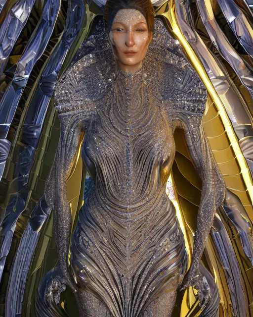 Image similar to a highly detailed metahuman 4 k close up render of an alien goddess bella hadid monument jibaro renaissance in iris van herpen dress schiaparelli in diamonds crystals swarovski and jewelry iridescent in style of alphonse mucha gustav klimt trending on artstation made in unreal engine 4