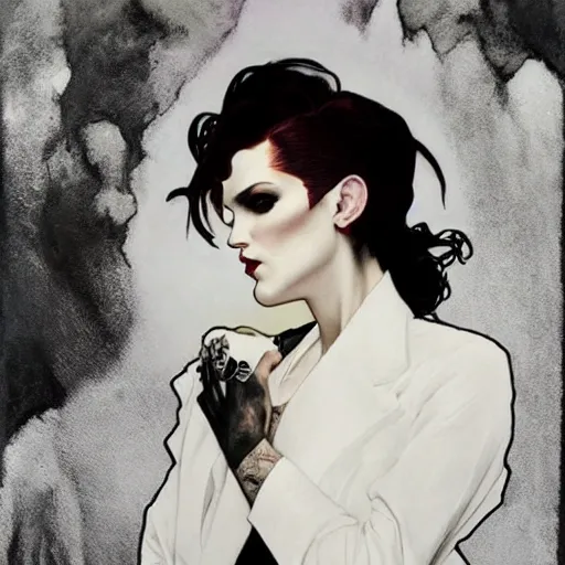 Image similar to stunning portrait of androgynous ruby rose as desire from sandman in a white tuxedo!!!, rockabilly style,, by alphonse mucha, by jeremy mann, by peter lindbergh, dave mckean, by frank moth, white suit and black tie, soft lightning, high detailed, 8 k