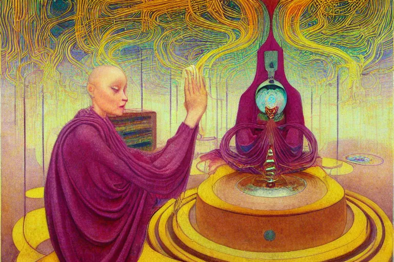 Image similar to realistic portrait of an engineer woman programming the samsara holy cluster, fine portrait, concept art, stunning, visionary, by brecht evens, by jean delville, by francis bacon