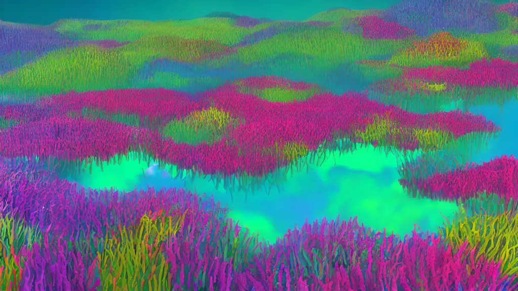 Image similar to digital illustration of a lake full of multi - colored megaflora nigella flowers by dr. seuss, reimagined by ilm and beeple : 1 | spectral color, electric color, rolling hills : 0. 9 | fantasy : 0. 9 | unreal engine, deviantart, artstation, hd, 8 k resolution : 0. 8