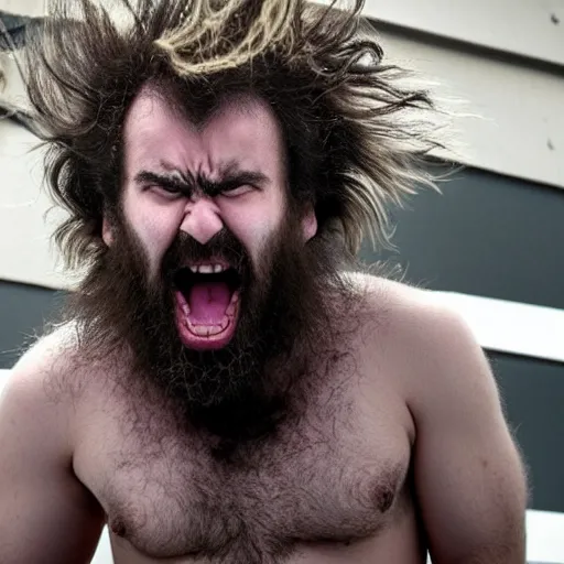 Prompt: A small angry hairy man with wild hair and huge claws. He might be Canadian