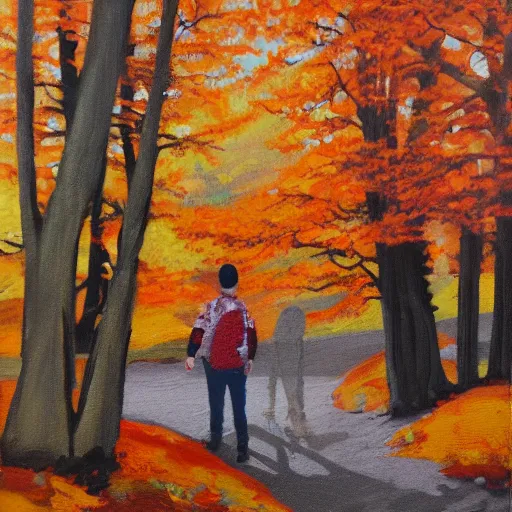 Prompt: Two ghosts on a hike through the Scottish Highlands in the fall season. Acrylic on canvas