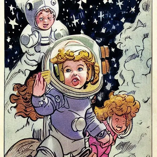 Image similar to a cute little girl with a mischievous face and short brown wavy curly hair. she is dressed as an astronaut. well composed, clean elegant painting, beautiful detailed face. comic book art by steve ditko and jack kirby and ( arthur rackham )