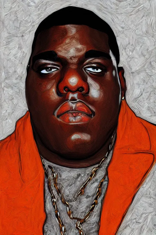 Image similar to a portrait of biggie smalls in style of egon schiele, notorious b. i. g., masterpiece, hyperdetailed, complex, intricate, old school photo, 4 k, trending on artstation