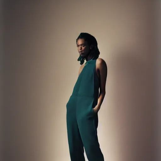 Image similar to realistic photoshooting for a new balenciaga lookbook, color film photography, portrait of a beautiful woman, woman is wearing a jumpsuit, in style of Tyler Mitchell, 35mm,