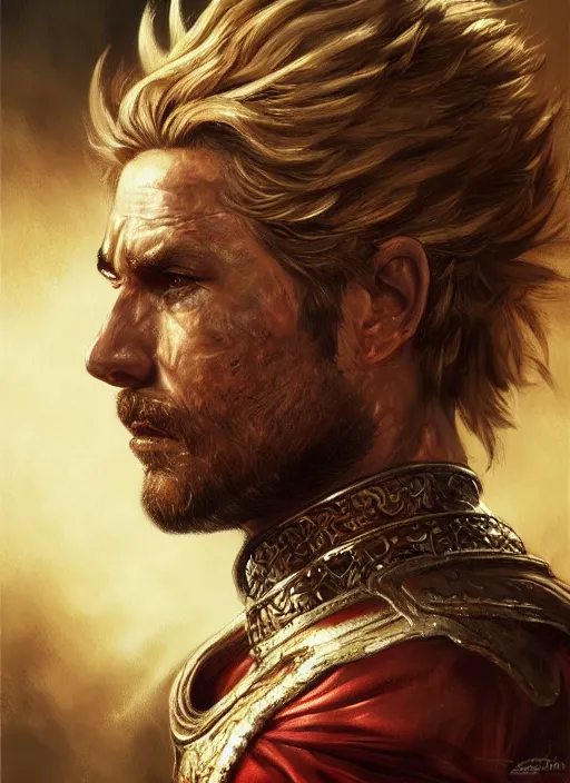 Image similar to highly detailed oil painting, masterpiece portrait warrior male lannister, fantasy character portrait, dynamic pose, above view, top lighting, realistic shaded, perfect face, 8 k realistic, hyper detailed, digital painting, artstation, concept art