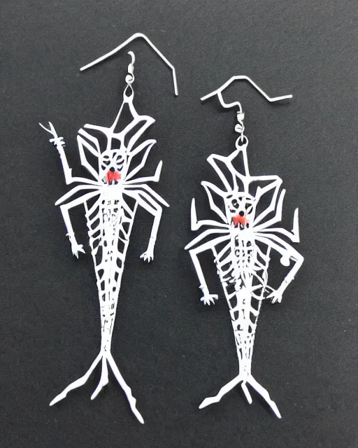 Prompt: spooky cartoon spider, 2 d lasercut earrings, in the style of tim burton