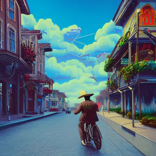 Image similar to a beautiful painting of a very detailed gangster riding a bike in a old town by dan mumford, beeple, trending on artstation, vapourwave