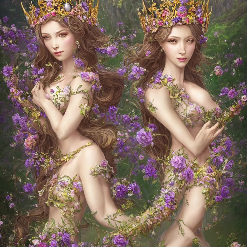 Prompt: A beautiful fantasy empress, highly detailed full body, just one head, breathtaking flower tiara, long hair, gorgeous aristocrat robe, beautiful figure, field of fantasy flowers and leaves, foxes and deer, epic composition, ultra wide-shot, dynamic pose, concept art, beautifully lit from left side, digital painting, smooth, character design, ((sharp focus)), elegant, intricate, artstation, by WLOP and James Jean and Victo Ngai and Ryohei Hase