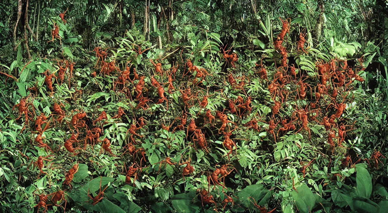 Prompt: an incredible surrealist mix of human and ants in the jungle, by the best photographer of national geographic, scientific photo, hight quality, realistic light, kodachrome 6 4, hiperdetailed