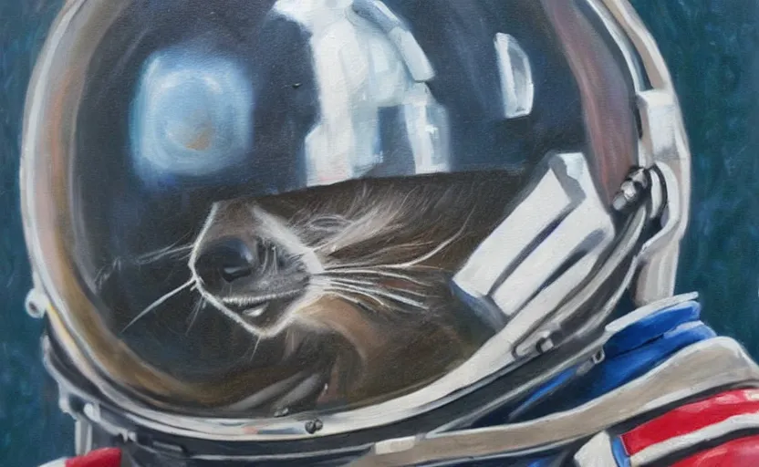 Image similar to oil painting of a racoon in a astronaut suit with helmet, 35mm, photo, Epic, cinematic