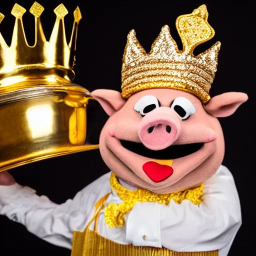 Prompt: pig waiter wearing a gold crown as a Muppet holding a silver platter 8k