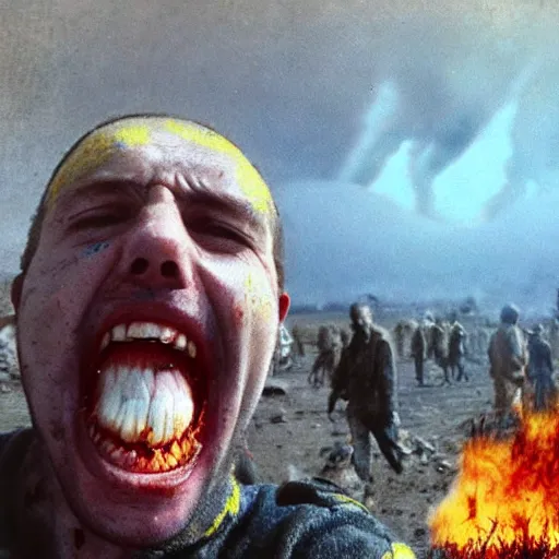 Image similar to selfie of a ukrainian screaming in pain and terrible injuries from a nuclear explosion, everything is on fire and radiation, in the background there are a lot of people like zombies, corpses and skeletons, a large nuclear explosion in the background, people are painted in yellow and blue, all dirty with severed limbs, doomsday